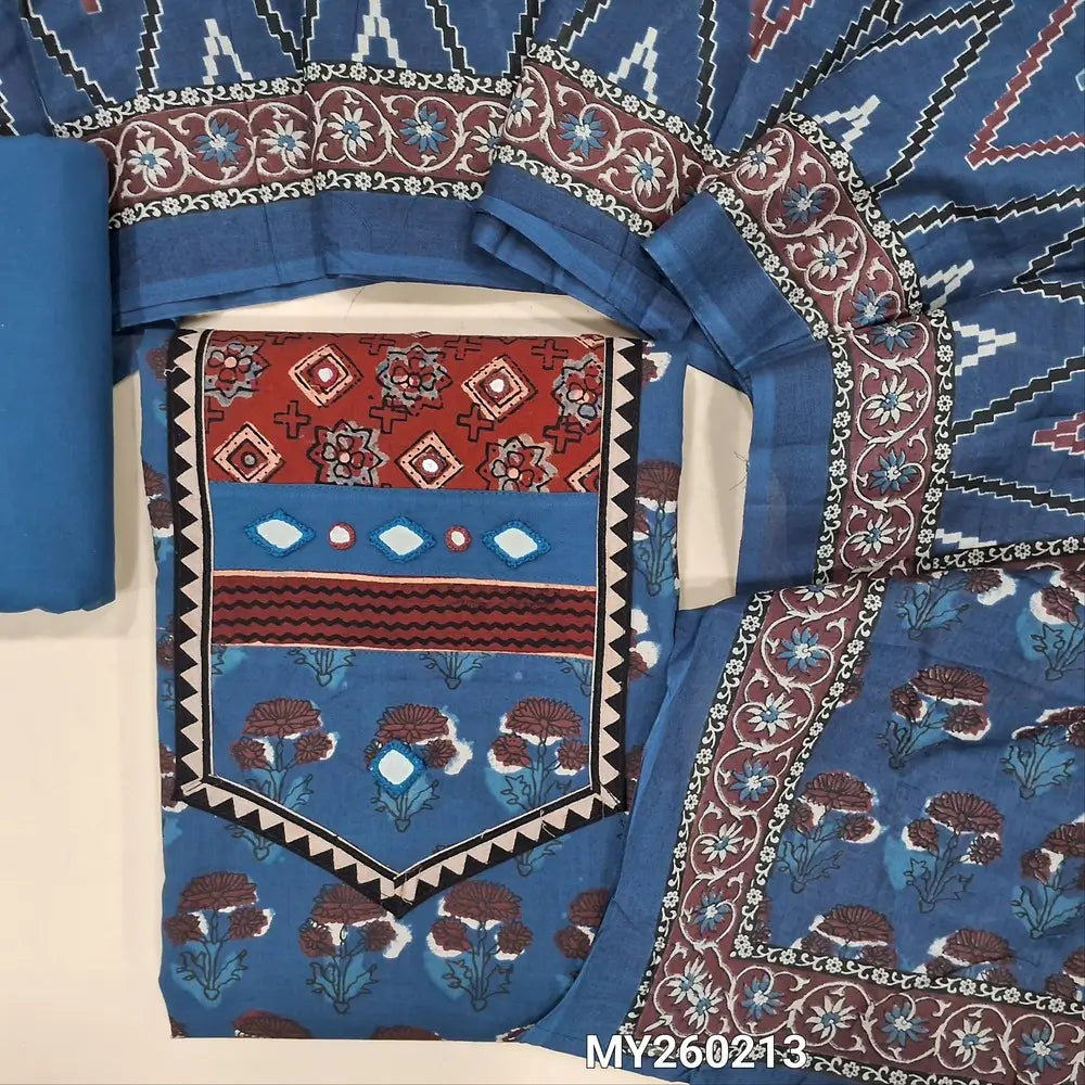 Indigo blue ajrak hand block printed pure cotton unstitched salwar material(lining optional) contrast yoke patch with real mirror work, cotton bottom, zigzag printed cotton full length dupatta. MY260213