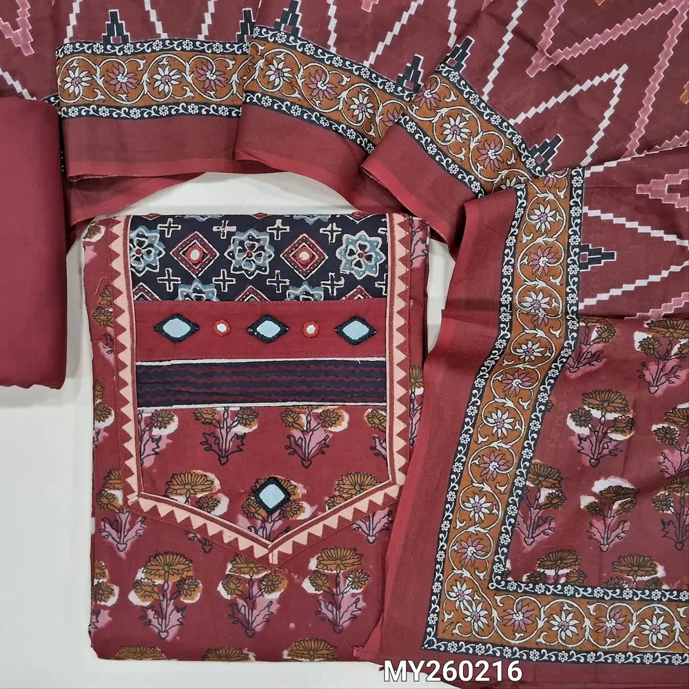 Maroon ajrak hand block printed pure cotton unstitched salwar material(lining optional) contrast yoke patch with real mirror work, cotton bottom, zigzag printed cotton full length dupatta. MY260216