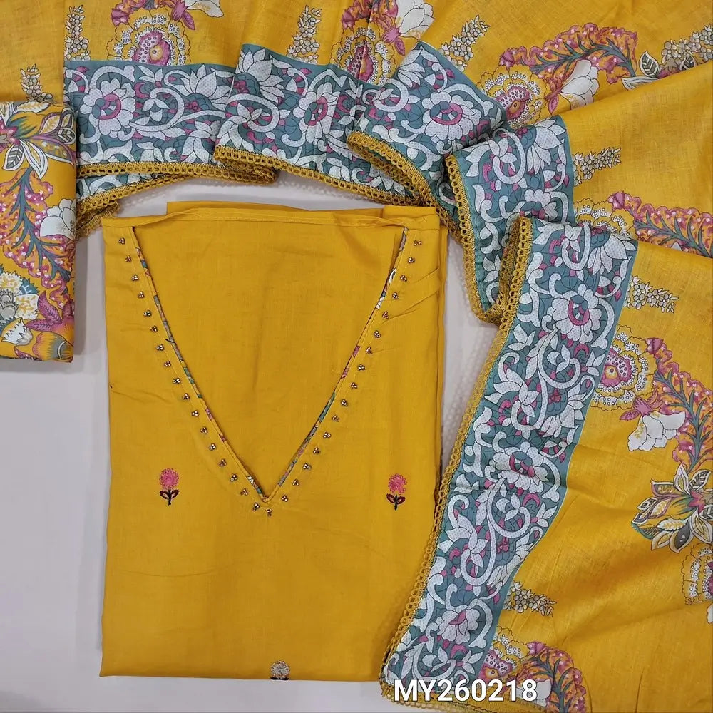 Mehandhi yellow soft pure cotton unstitched salwar material (lining needed)  v neck & bead work on yoke, panel design, floral printed cotton bottom,  printed soft mul cotton full length dupatta.MY260218