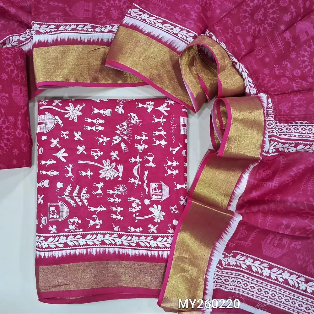 Bright pink warli printed soft cotton unstitched salwar material (lining needed) golden tissue borders on daman, warli printed cotton bottom, warli printed soft mul cotton full length dupatta. MY260220