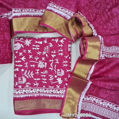 Bright pink warli printed soft cotton unstitched salwar material (lining needed) golden tissue borders on daman, warli printed cotton bottom, warli printed soft mul cotton full length dupatta. MY260220