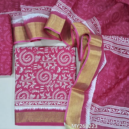 Bright pink warli printed soft cotton unstitched salwar material (lining needed) golden tissue borders on daman, warli printed cotton bottom, warli printed soft mul cotton full length dupatta. MY260223