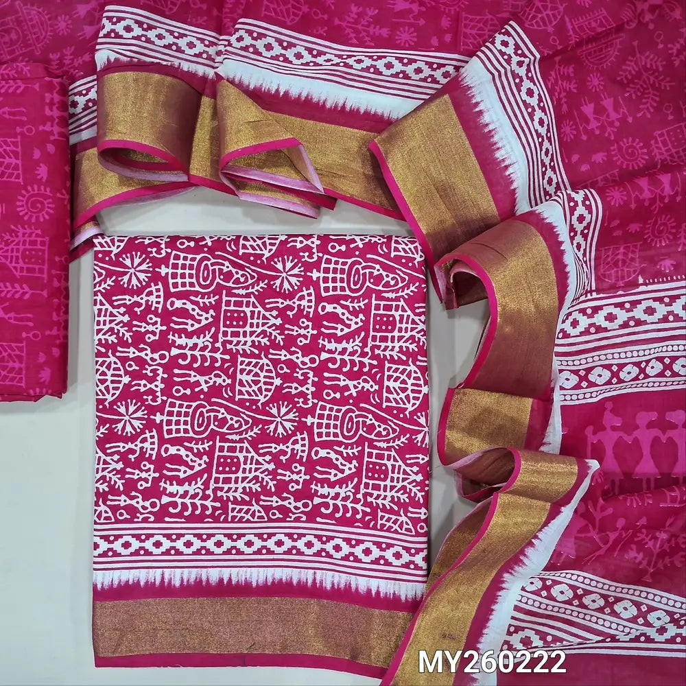 Bright pink warli printed soft cotton unstitched salwar material (lining needed) golden tissue borders on daman, warli printed cotton bottom, warli printed soft mul cotton full length dupatta. MY260222