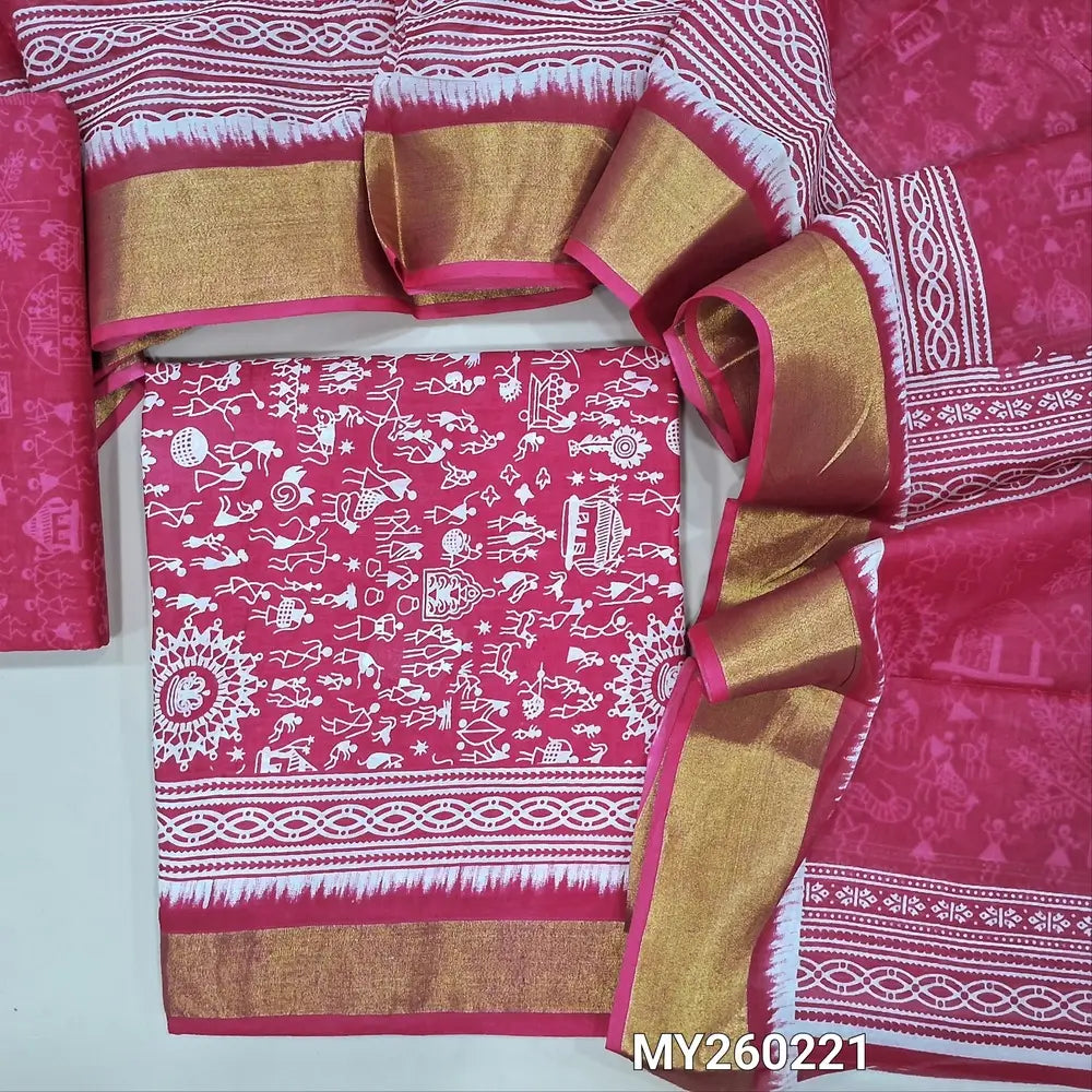 Bright pink warli printed soft cotton unstitched salwar material (lining needed) golden tissue borders on daman, warli printed cotton bottom, warli printed soft mul cotton full length dupatta. MY260221