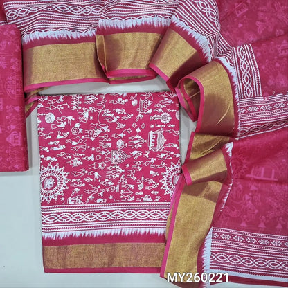 Bright pink warli printed soft cotton unstitched salwar material (lining needed) golden tissue borders on daman, warli printed cotton bottom, warli printed soft mul cotton full length dupatta. MY260221