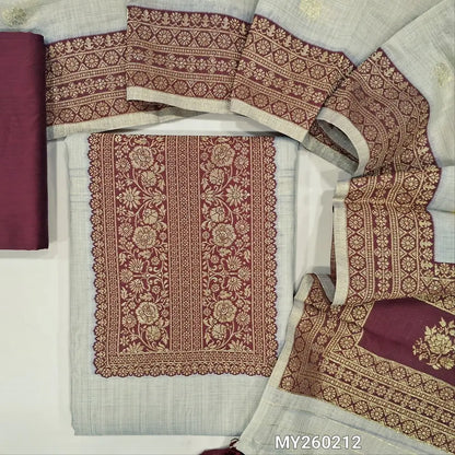 Rich beige silk cotton unstitched salwar material (Lining needed) contrast rich benarasi zari weaving yoke and daman,dark maroon silk cotton bottom, benarasi woven borders on silk cotton full length dupatta. MY260212