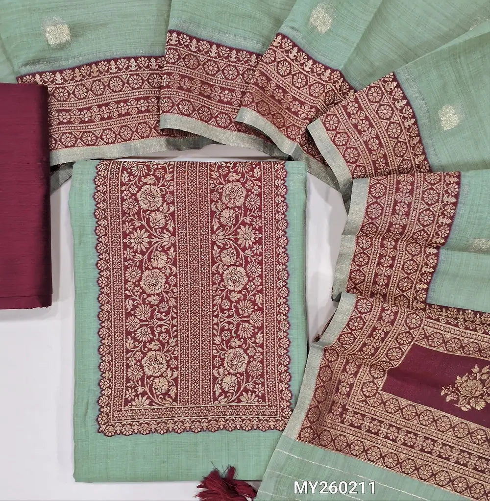 Sage green silk cotton unstitched salwar material (Lining needed) contrast rich benarasi zari weaving yoke and daman,dark maroon silk cotton bottom, benarasi woven borders on silk cotton full length dupatta. MY260211