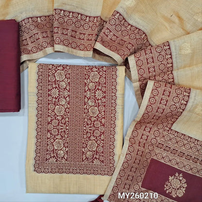 Sandal yellow silk cotton unstitched salwar material (Lining needed) contrast rich benarasi zari weaving yoke and daman,dark maroon silk cotton bottom, benarasi woven borders on silk cotton full length dupatta. MY260210
