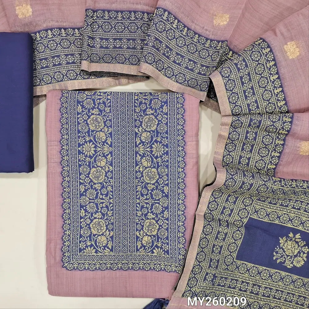 Onion pink silk cotton unstitched salwar material (Lining needed) contrast rich benarasi zari weaving yoke and daman,dark blue silk cotton bottom, benarasi woven borders on silk cotton full length dupatta. MY260209