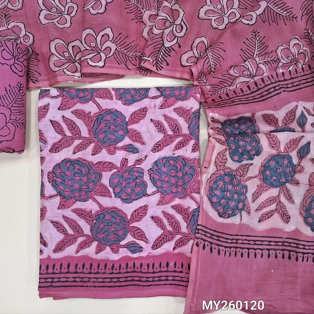 Pink Handblock printed bagru unstitched salwar material,  printed cotton bottom and block printed cotton dupatta. TAPINGS NEEDED, INCONSISTENCY IN PRINTS, DYES  and STAINS are not considered as defects as they are authentic block printed pieces. MY260120