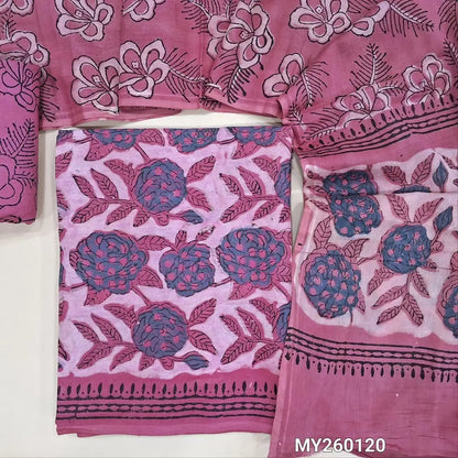 Pink Handblock printed bagru unstitched salwar material,  printed cotton bottom and block printed cotton dupatta. TAPINGS NEEDED, INCONSISTENCY IN PRINTS, DYES  and STAINS are not considered as defects as they are authentic block printed pieces. MY260120