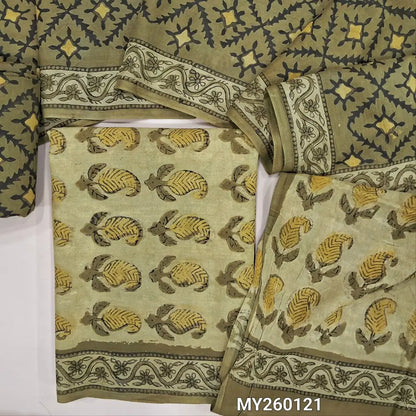 Green Handblock printed bagru unstitched salwar material,  printed cotton bottom and block printed cotton dupatta. TAPINGS NEEDED, INCONSISTENCY IN PRINTS, DYES  and STAINS are not considered as defects as they are authentic block printed pieces. MY260121