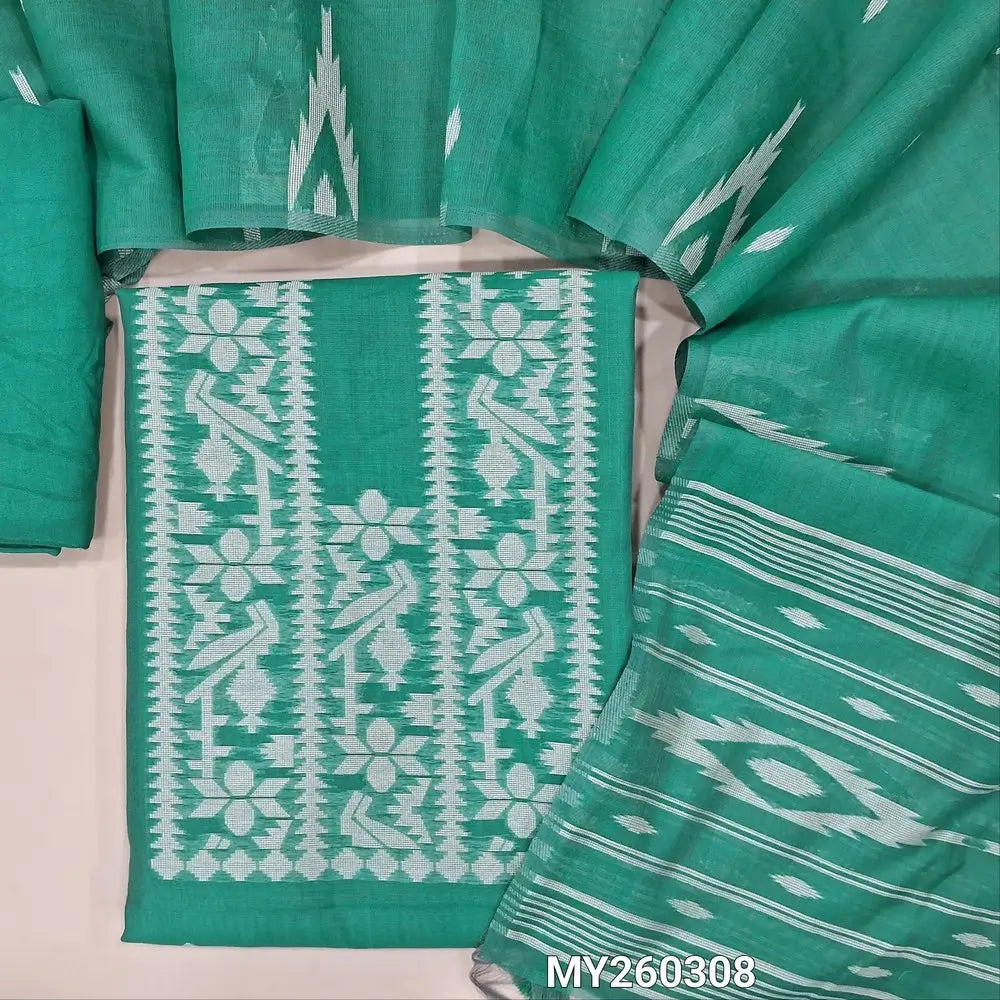 Turquoise green jamdani woven premium silk cotton unstitched salwar material, buttas on front,weaving on yoke, (lining needed)santoon bottom,thread woven buttas on full length silk cotton dupatta with weaving pallu and borders. MY260308