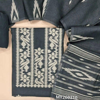 Elephant grey jamdani woven premium silk cotton unstitched salwar material, buttas on front,weaving on yoke, (lining needed)santoon bottom,thread woven buttas on full length silk cotton dupatta with weaving pallu and borders. MY260310