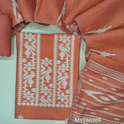 Dark peach jamdani woven premium silk cotton unstitched salwar material, buttas on front,weaving on yoke, (lining needed)santoon bottom,thread woven buttas on full length silk cotton dupatta with weaving pallu and borders. MY260309