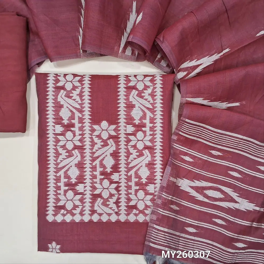Pinkish maroon jamdani woven premium silk cotton unstitched salwar material, buttas on front,weaving on yoke, (lining needed)santoon bottom,thread woven buttas on full length silk cotton dupatta with weaving pallu and borders. MY260307