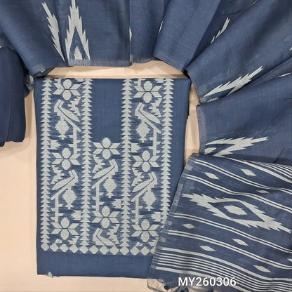 Dark blue jamdani woven premium silk cotton unstitched salwar material, buttas on front,weaving on yoke, (lining needed)santoon bottom,thread woven buttas on full length silk cotton dupatta with weaving pallu and borders. MY260306