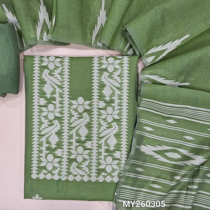 Leafy green jamdani woven premium silk cotton unstitched salwar material, buttas on front,weaving on yoke, (lining needed)santoon bottom,thread woven buttas on full length silk cotton dupatta with weaving pallu and borders. MY260305