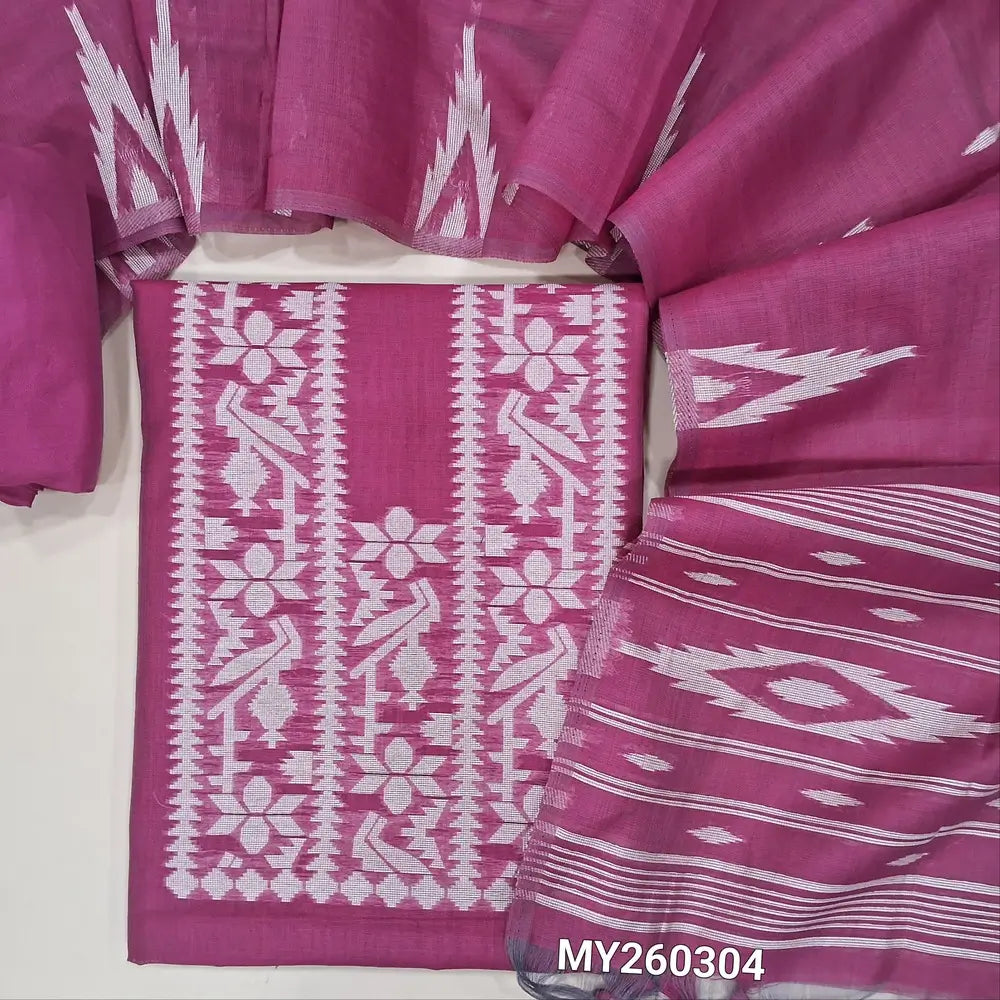 Rani pink jamdani woven premium silk cotton unstitched salwar material, buttas on front,weaving on yoke, (lining needed)santoon bottom,thread woven buttas on full length silk cotton dupatta with weaving pallu and borders. MY260304