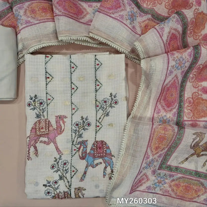 Designer off white benarasi chanderi kota unstitched salwar material,digital printed with cut bead, zarodsi and pearl bead on yoke,zari buttas all over,( lining needed)cotton bottom,colourful digital printed kota dupatta with lace tapping. MY260303