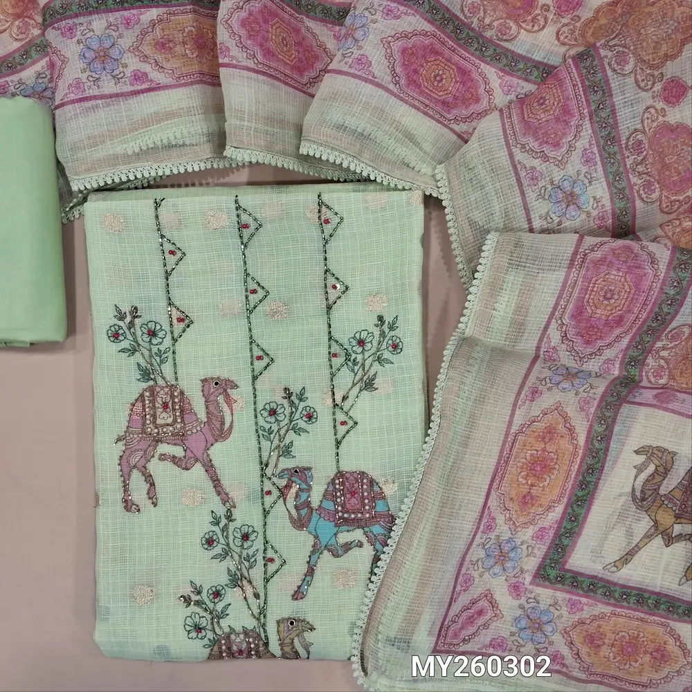 Designer pastel green benarasi chanderi kota unstitched salwar material,digital printed with cut bead, zarodsi and pearl bead on yoke,zari buttas all over,( lining needed)cotton bottom,colourful digital printed kota dupatta with lace tapping. MY260302
