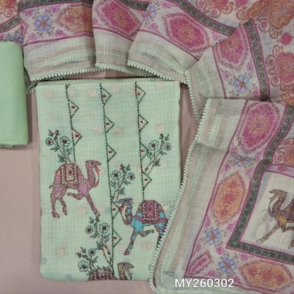 Designer pastel green benarasi chanderi kota unstitched salwar material,digital printed with cut bead, zarodsi and pearl bead on yoke,zari buttas all over,( lining needed)cotton bottom,colourful digital printed kota dupatta with lace tapping. MY260302