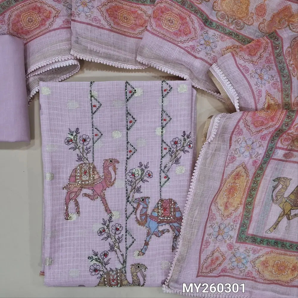 Designer pastel pink benarasi chanderi kota unstitched salwar material,digital printed with cut bead, zarodsi and pearl bead on yoke,zari buttas all over,( lining needed)cotton bottom,colourful digital printed kota dupatta with lace tapping. MY260301