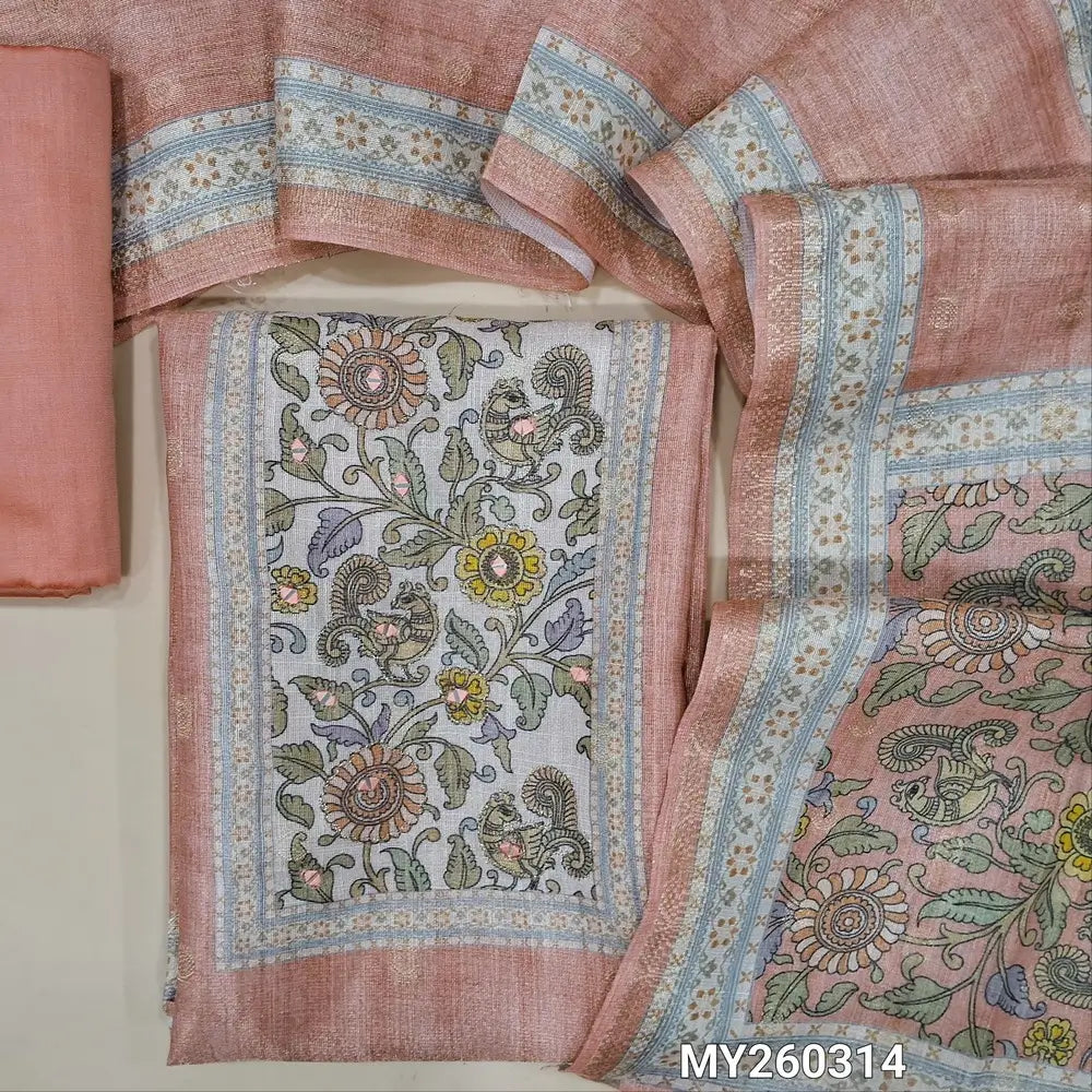 Peachish pink with golden tint tissue silk cotton unstitched salwar material,kalamkari printed yoke with zari and real mirror,buttas all over,(lining needed)silk cotton bottom,digital printed tissue silk cotton dupatta with kalamkari pallu. MY260314