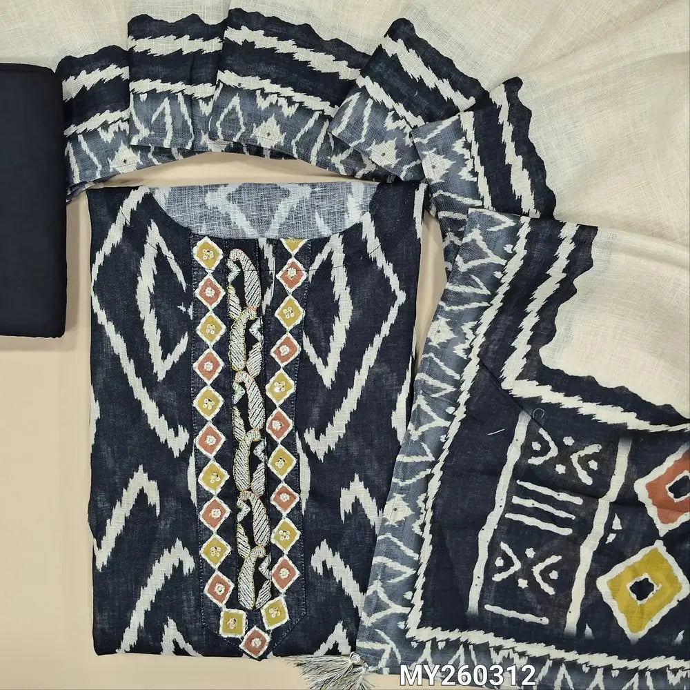 Designer black & white abstract printed pure linen unstitched salwar material, thread embroidery on yoke,(thin fabric, lining needed)black cotton bottom,abstract printed pure linen dupatta. MY260312