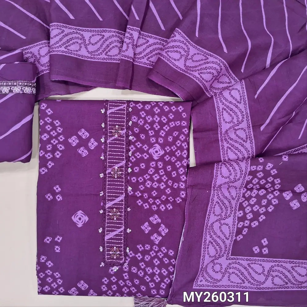 Purple shade bandhini printed pure cotton unstitched salwar material,fancy lace, sequins and sugar bead work on yoke,(lining needed)lehariya printed cotton bottom,lehariya  printed mul cotton dupatta with bandhini pallu. MY260311