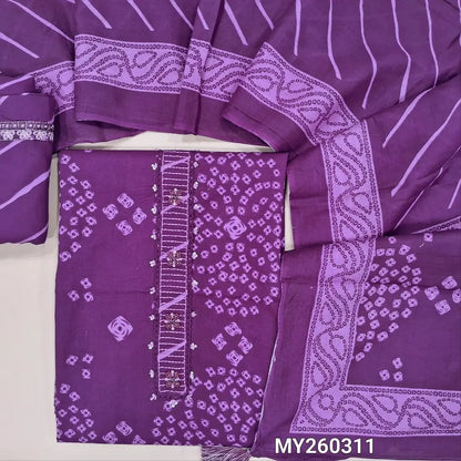 Purple shade bandhini printed pure cotton unstitched salwar material,fancy lace, sequins and sugar bead work on yoke,(lining needed)lehariya printed cotton bottom,lehariya  printed mul cotton dupatta with bandhini pallu. MY260311
