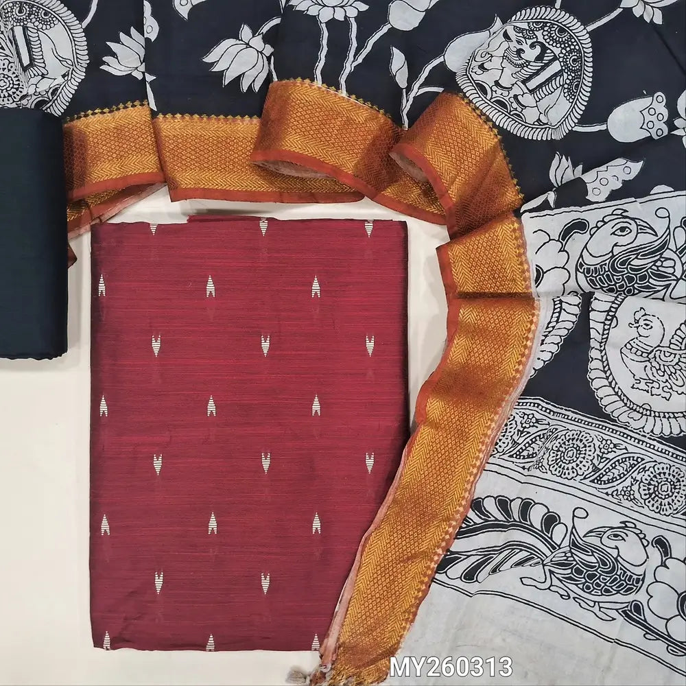 Dark maroon premium raw silk unstitched salwar material,thread weaving buttas all over, (textured, Lining needed) black silk bottom, pen kalamkari chennuri silk dupatta with nizam borders (INCONSISTENT STAINS ARE NOT DEFECTS). MY260313