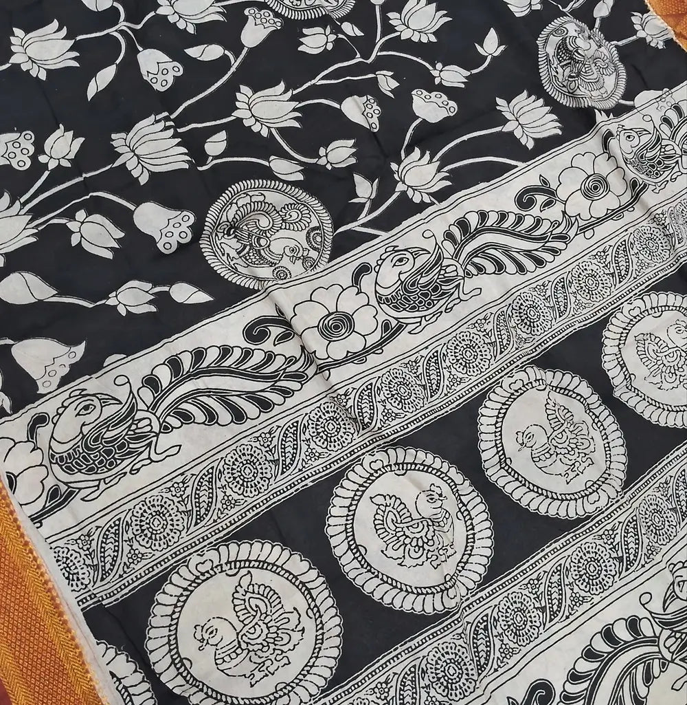 Dark maroon premium raw silk unstitched salwar material,thread weaving buttas all over, (textured, Lining needed) black silk bottom, pen kalamkari chennuri silk dupatta with nizam borders (INCONSISTENT STAINS ARE NOT DEFECTS). MY260313