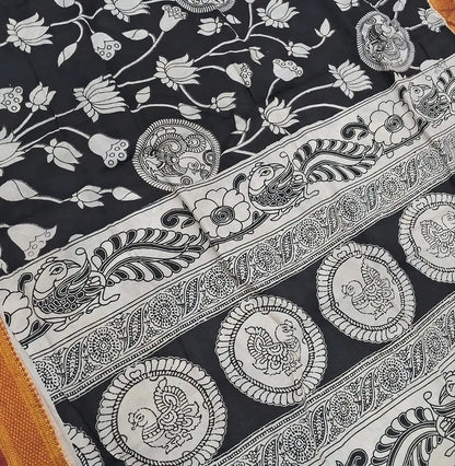 Dark maroon premium raw silk unstitched salwar material,thread weaving buttas all over, (textured, Lining needed) black silk bottom, pen kalamkari chennuri silk dupatta with nizam borders (INCONSISTENT STAINS ARE NOT DEFECTS). MY260313