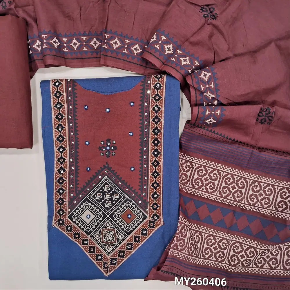 Royal blue pure cotton unstitched salwar material, hand block printed ajrak yoke patch (lining optional)maroon cotton bottom,hand block printed mul cotton dupatta. MY260406