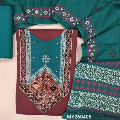 Dark maroon pure cotton unstitched salwar material, hand block printed ajrak yoke patch (lining optional)teal blue cotton bottom,hand block printed mul cotton dupatta. MY260405