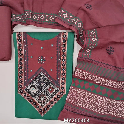 Bottle green pure cotton unstitched salwar material, hand block printed ajrak yoke patch (lining optional)maroon cotton bottom,hand block printed mul cotton dupatta. MY260404