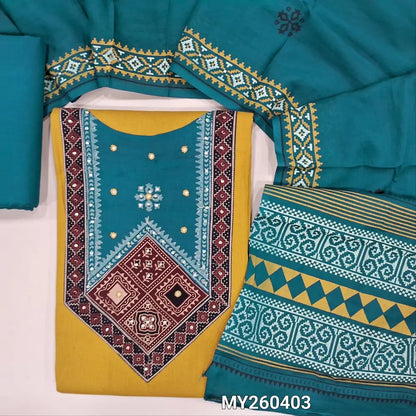 Mehandhi yellow pure cotton unstitched salwar material, hand block printed ajrak yoke patch (lining optional)dark teal blue cotton bottom,hand block printed mul cotton dupatta. MY260403
