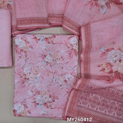 Pastel pink floral printed premium semi linen unstitched salwar material, cutwork and thread embroidery on daman, (textured, lining needed)santoon bottom,floral printed semi linen dupatta. MY260412