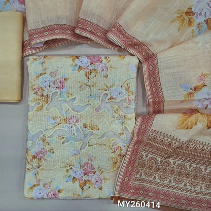 Pastel yellow floral printed premium semi linen unstitched salwar material, cutwork and thread embroidery on daman, (textured, lining needed)santoon bottom,floral printed semi linen dupatta. MY260414