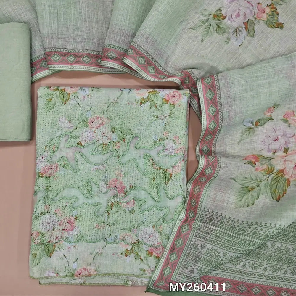Pastel green floral printed premium semi linen unstitched salwar material, cutwork and thread embroidery on daman, (textured, lining needed)santoon bottom,floral printed semi linen dupatta. MY260411