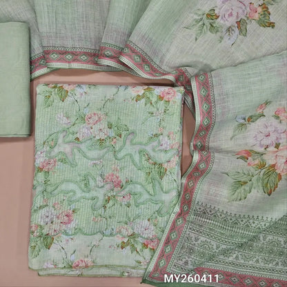 Pastel green floral printed premium semi linen unstitched salwar material, cutwork and thread embroidery on daman, (textured, lining needed)santoon bottom,floral printed semi linen dupatta. MY260411