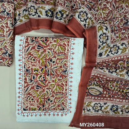 Off white base schiffli embroidered pure cotton unstitched salwar material, kalamkari yoke patch with real mirror work,(BRICK RED)(lining needed)printed cotton bottom,kalamkari printed full length mul cotton dupatta. MY260408