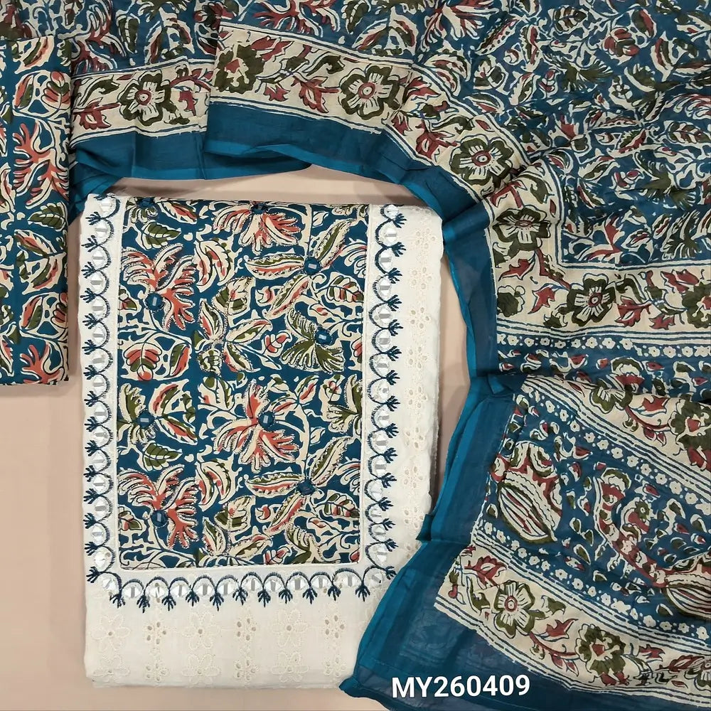 Off white base schiffli embroidered pure cotton unstitched salwar material, kalamkari yoke patch with real mirror work,(TEAL BLUE)(lining needed)printed cotton bottom,kalamkari printed full length mul cotton dupatta. MY260409