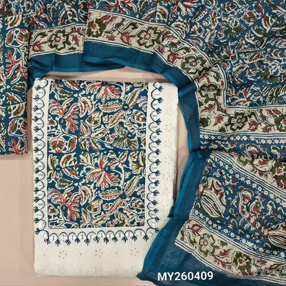 Off white base schiffli embroidered pure cotton unstitched salwar material, kalamkari yoke patch with real mirror work,(TEAL BLUE)(lining needed)printed cotton bottom,kalamkari printed full length mul cotton dupatta. MY260409