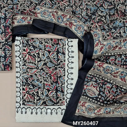 Off white base schiffli embroidered pure cotton unstitched salwar material, kalamkari yoke patch with real mirror work,(BLACK)(lining needed)printed cotton bottom,kalamkari printed full length mul cotton dupatta. MY260407