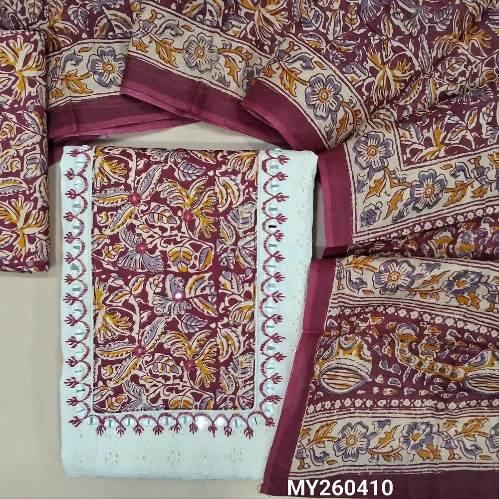 Off white base schiffli embroidered pure cotton unstitched salwar material, kalamkari yoke patch with real mirror work,(DARK PINK)(lining needed)printed cotton bottom,kalamkari printed full length mul cotton dupatta. MY260410