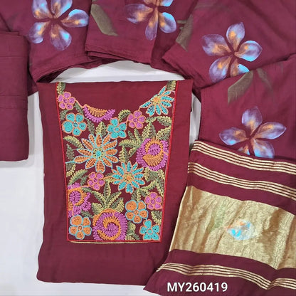 Dark pinkish maroon premium silk cotton unstitched salwar material, thread embroidery work on yoke (lining needed)spun cotton bottom,brush paint work on fancy silk cotton dupatta with tissue pallu. MY260419