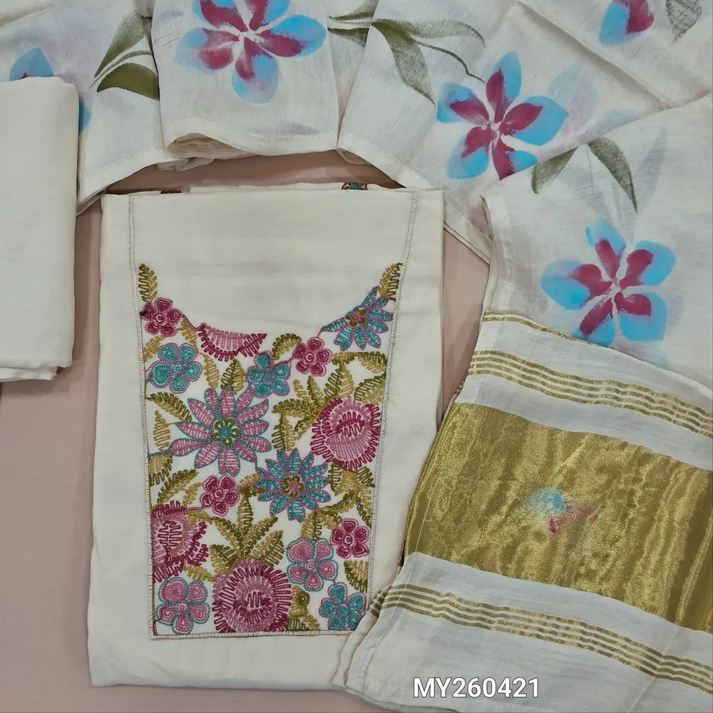 Off white base premium silk cotton unstitched salwar material, thread embroidery work on yoke (lining needed)spun cotton bottom,brush paint work on fancy silk cotton dupatta with tissue pallu. MY260421