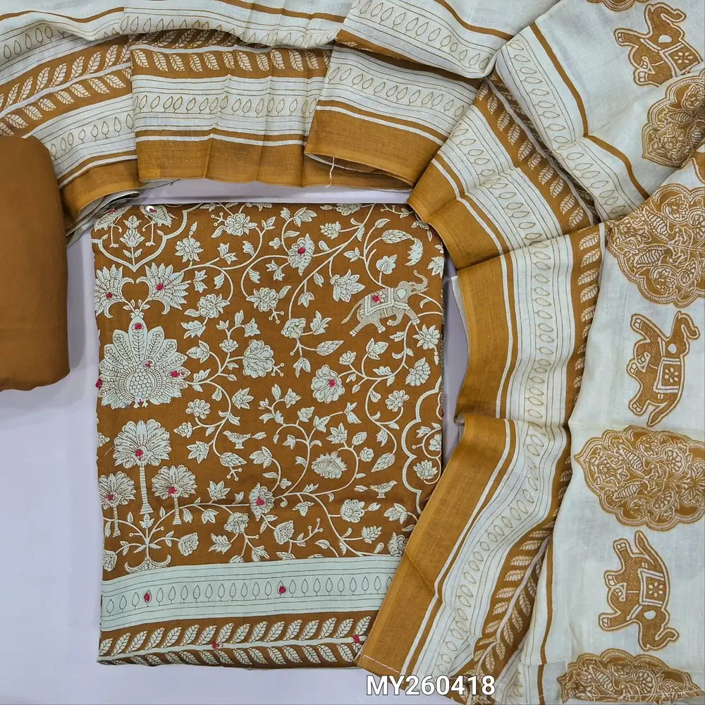Mehandhi yellow floral printed soft cotton unstitched salwar material, thread work & sequins detaling on front(thin,lining optional) spun cotton bottom, printed soft pure cotton dupatta. MY260418